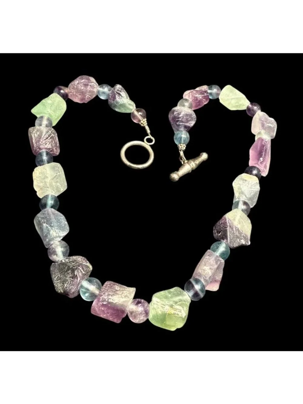 Vintage Sterling Silver Raw Fluorite Necklace Crystal Beaded Toggle 17”